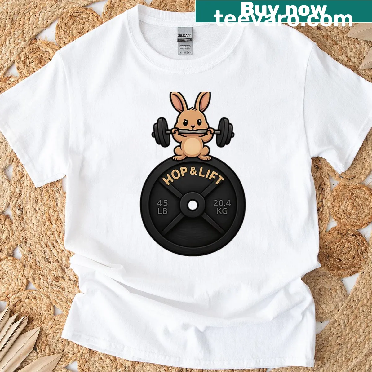 Cute gym t-shirt with a bunny lifting weights and motivational text — on a men's t-shirt