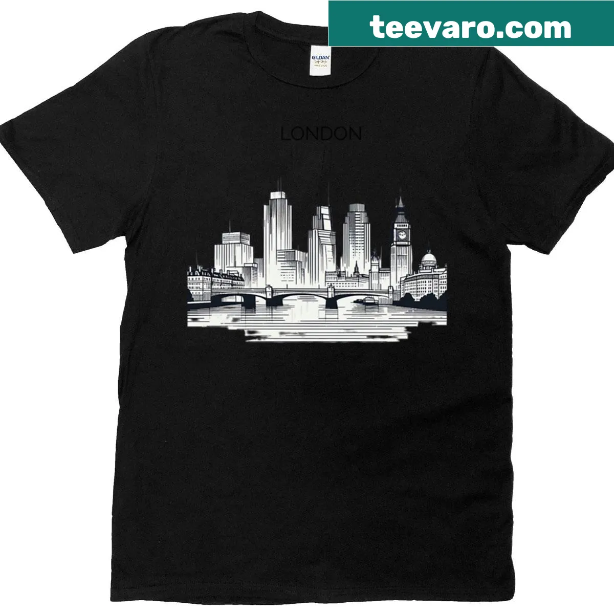 Minimalist line-art of London skyline on a T-shirt — on a men's t-shirt