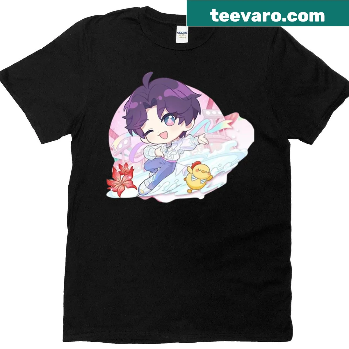 Whimsical graphic of an ice skater in a deep-space setting. — on a men's t-shirt
