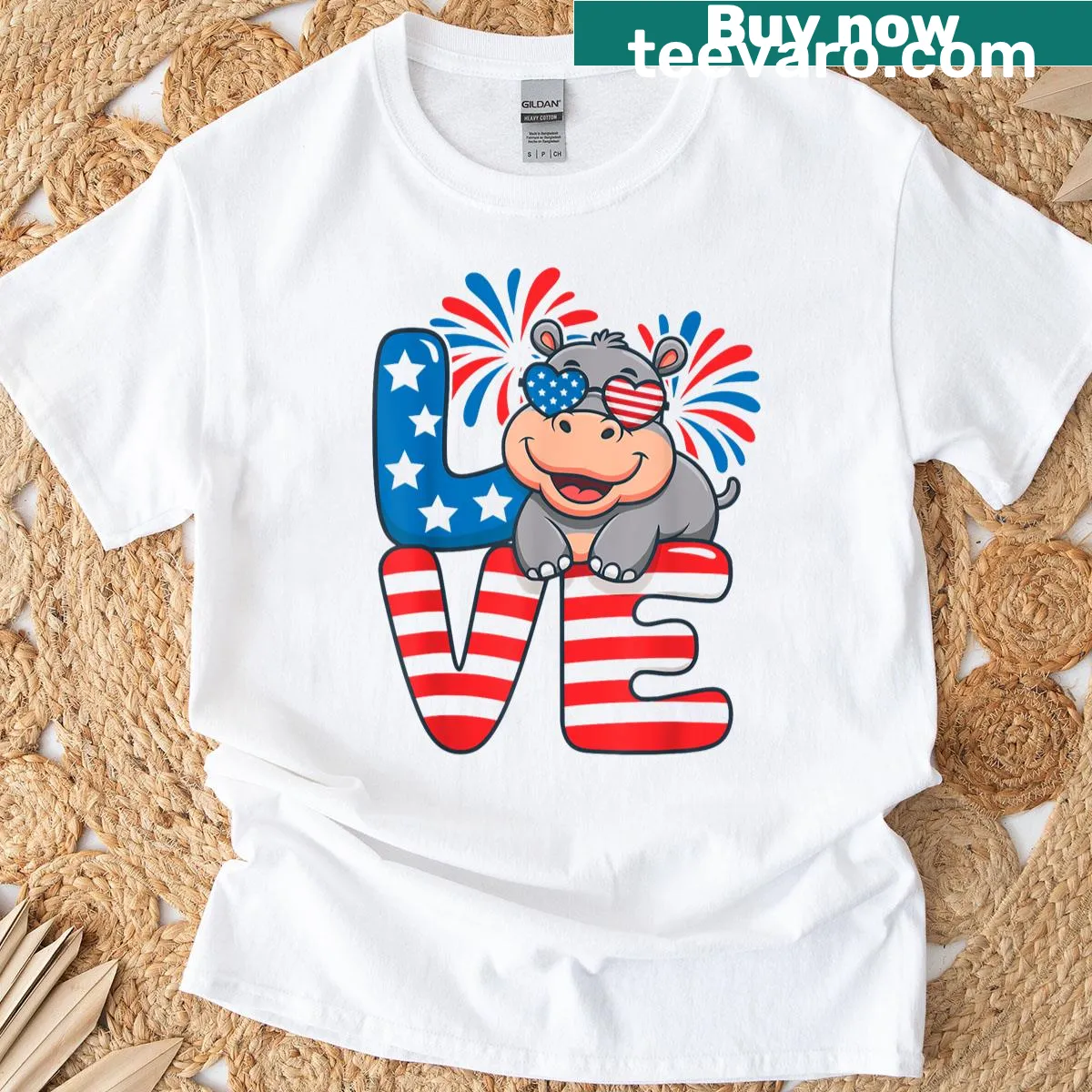 Kids T-shirt featuring a funny hippo in sunglasses for Fourth of July — on a men's t-shirt