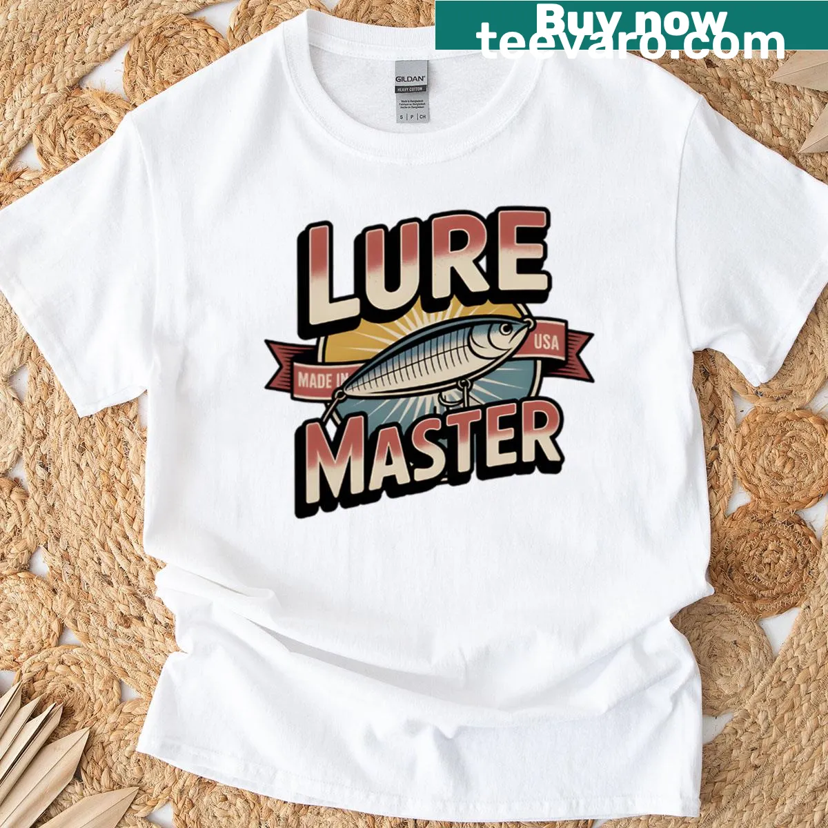 Faded vintage graphic of a retro fishing lure on a t-shirt — on a men's t-shirt