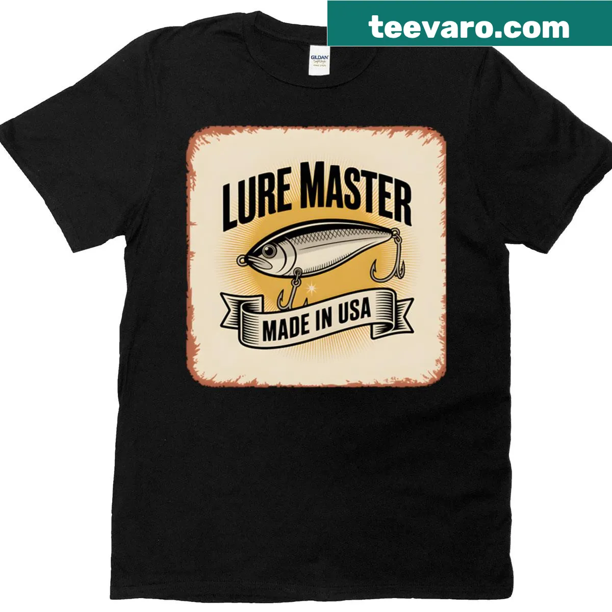 Vintage fishing sticker graphic with a retro lure on a T-shirt — on a men's t-shirt