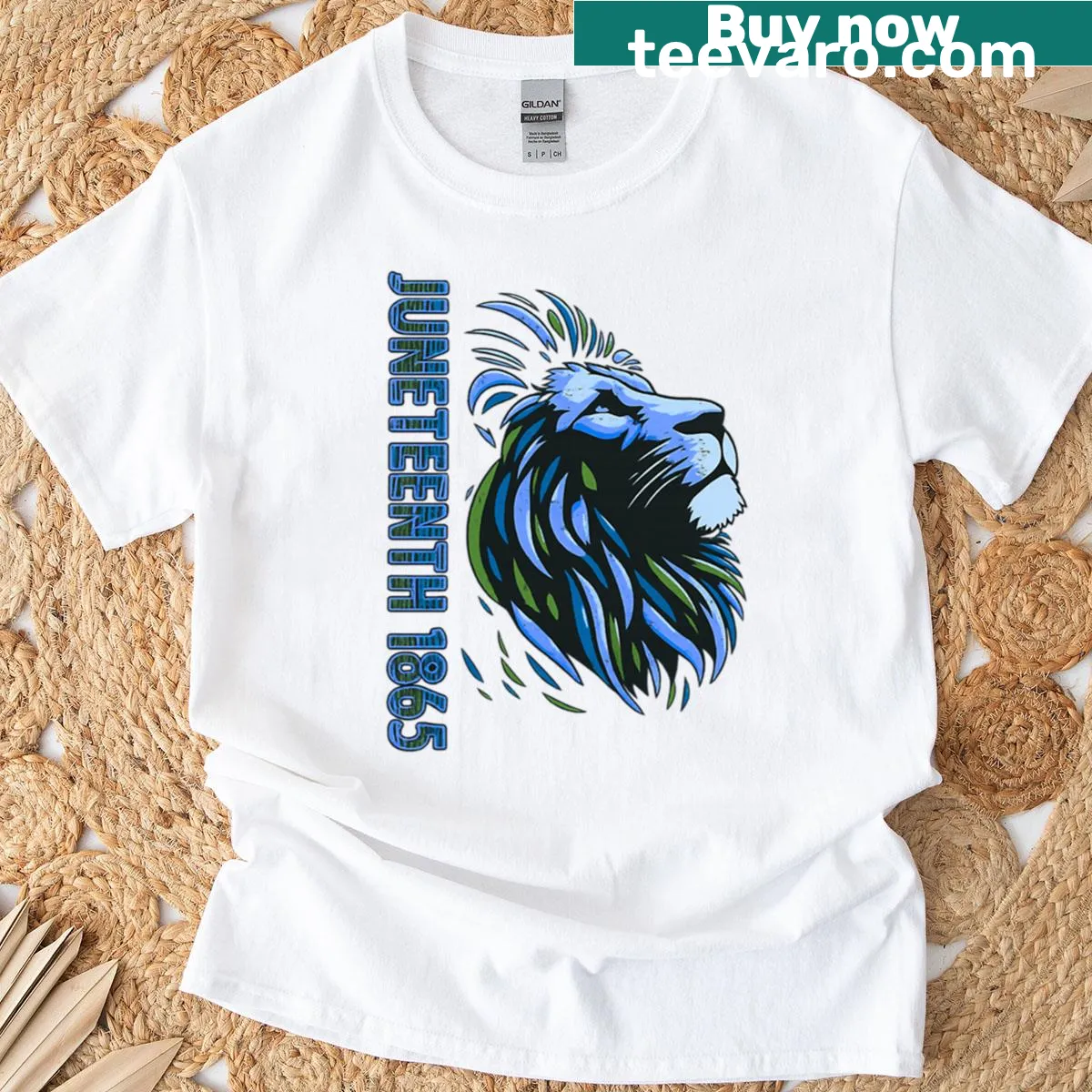 Lion graphic celebrating Juneteenth with Rasta Pride elements — on a men's t-shirt