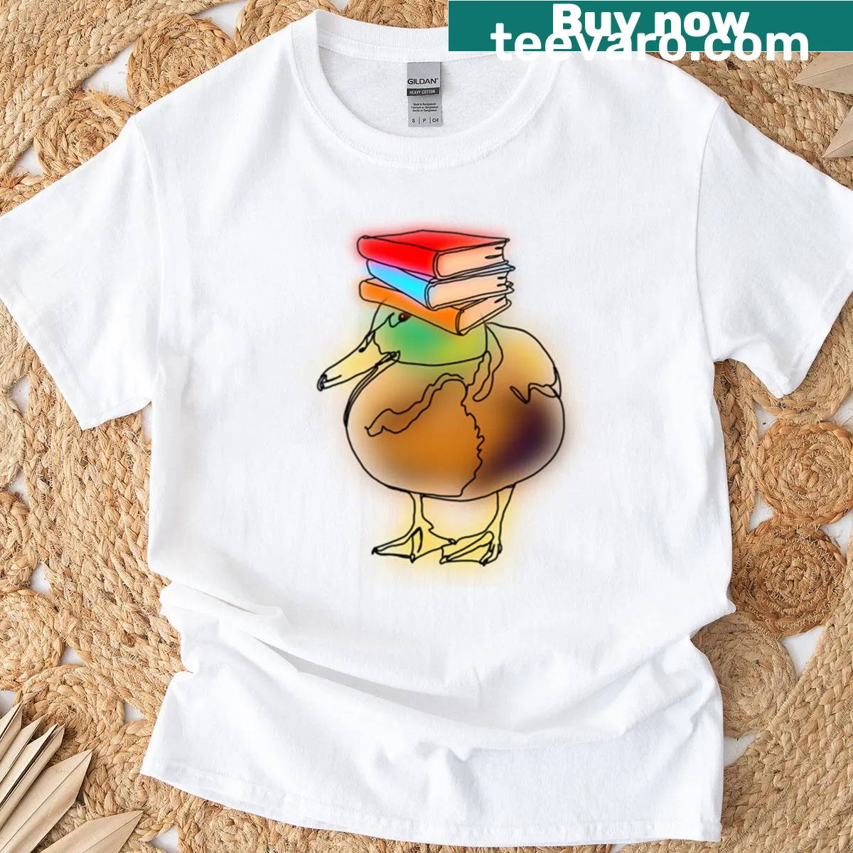 Funny mallard duck design with books on head — on a men's t-shirt