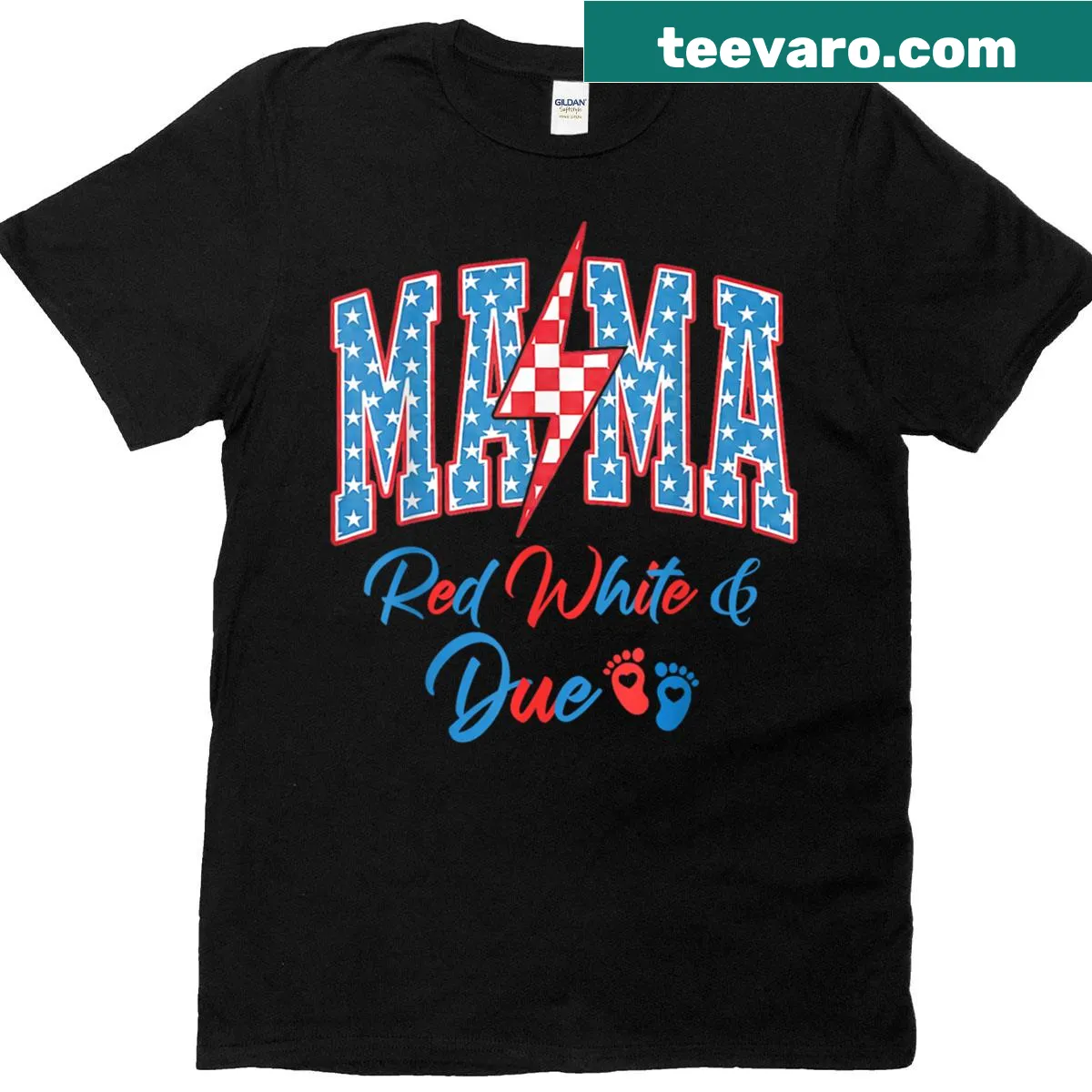 Red, White and Due pregnancy announcement graphic on T-shirt — on a men's t-shirt