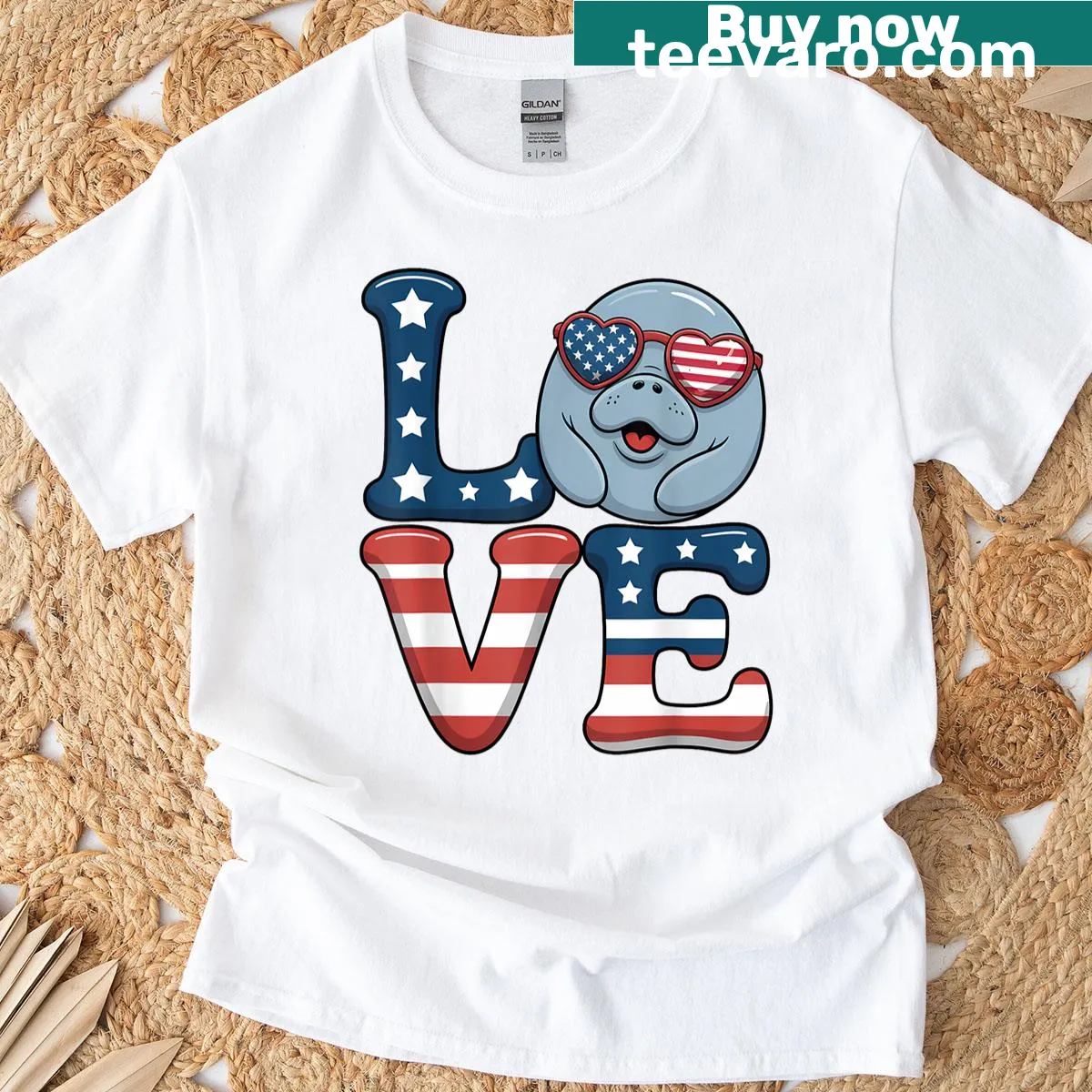 Whimsical manatee in sunglasses with a potato shape for kids' 4th of July T-shirt. — on a men's t-shirt