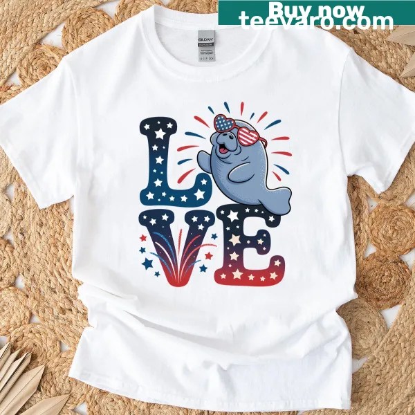 Fourth of July T-shirt featuring a manatee with sunglasses and fireworks