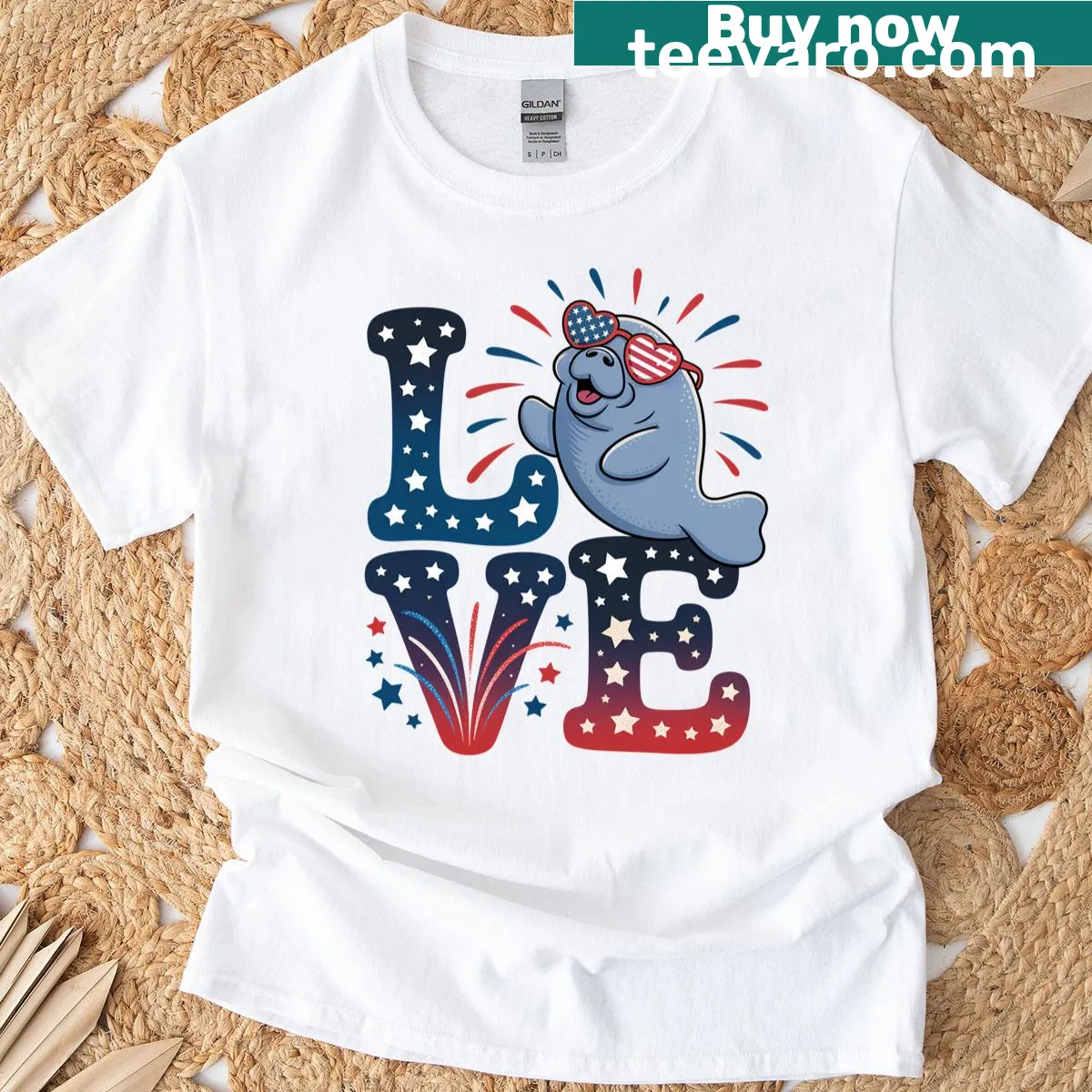 Fourth of July T-shirt featuring a manatee with sunglasses and fireworks — on a men's t-shirt