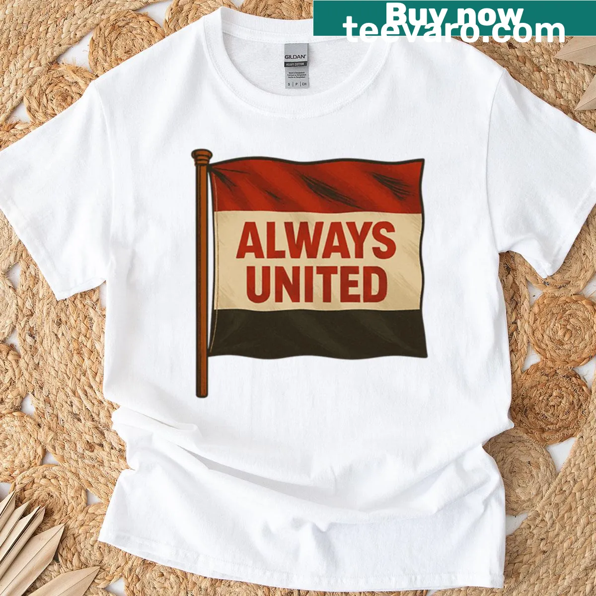 T-shirt featuring the Manchester flag design — on a men's t-shirt