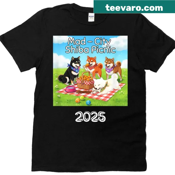 Cartoon Shiba Inu enjoying a picnic on a t-shirt.