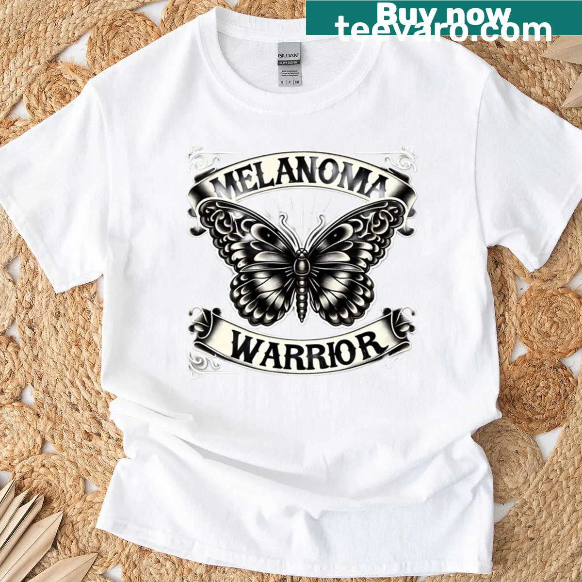 Bold butterfly design T-shirt for melanoma awareness and support. — on a men's t-shirt