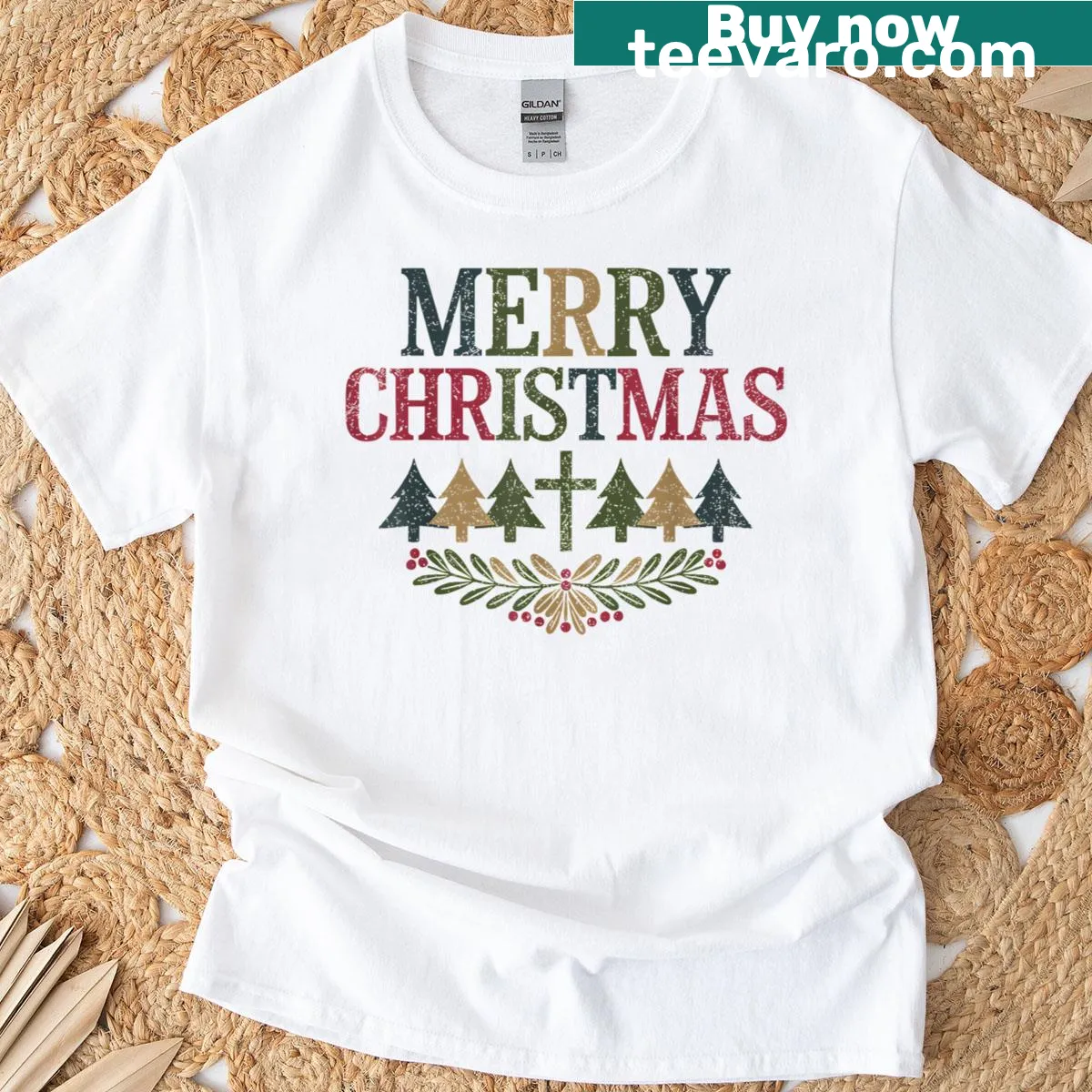 Christmas T-shirt featuring a cross and tree design for the holiday season — on a men's t-shirt