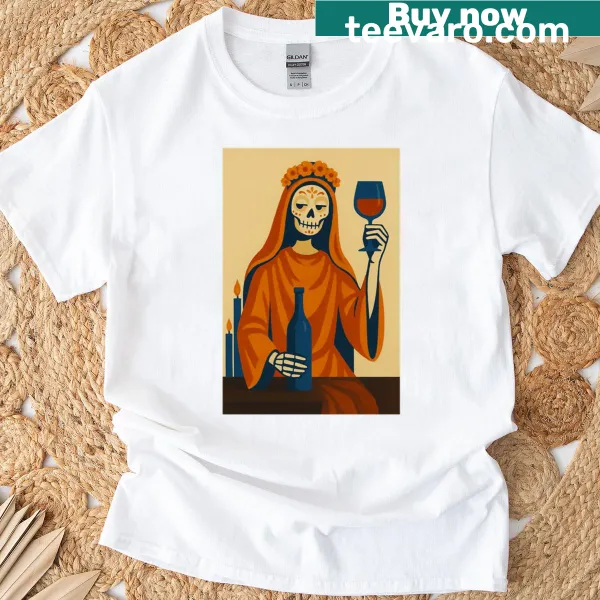 Oversized T-shirt featuring mid-century Santa Muerte wine poster design