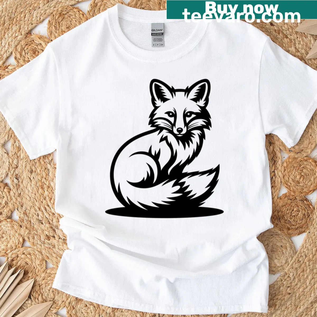 Minimalist illustration of a sitting fox on a nature-themed t-shirt — on a men's t-shirt