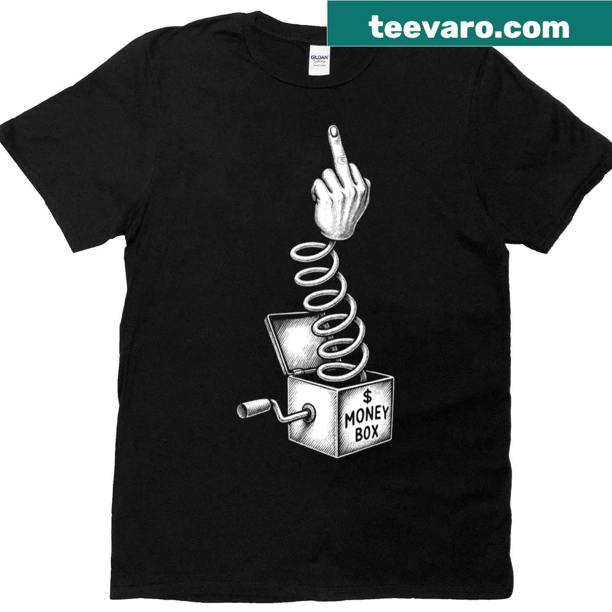 Graphic of money box with middle finger on t-shirt — on a men's t-shirt