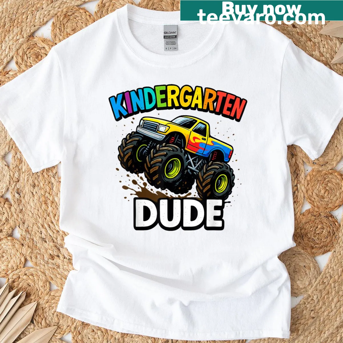 Monster truck T-shirt designed for kindergarten boys with playful graphics — on a men's t-shirt