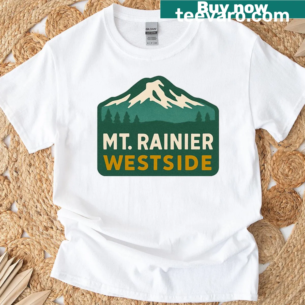 Graphic of Mt. Rainier on an oversized T-shirt celebrating the outdoors. — on a men's t-shirt
