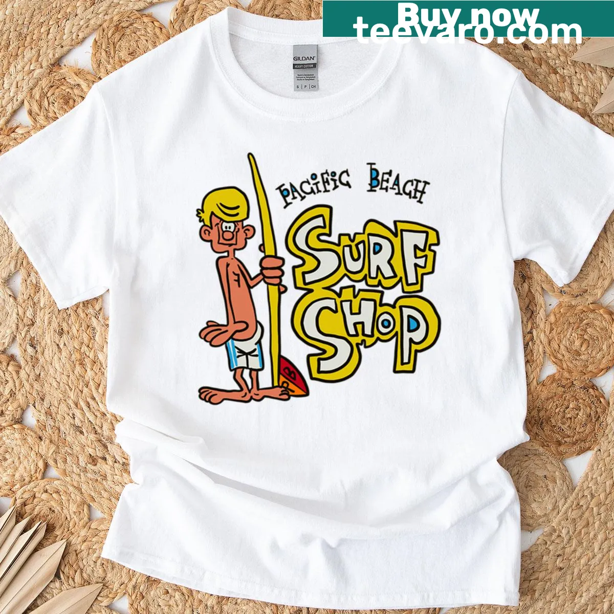 Vintage surf T-shirt with retro surfer design — on a men's t-shirt