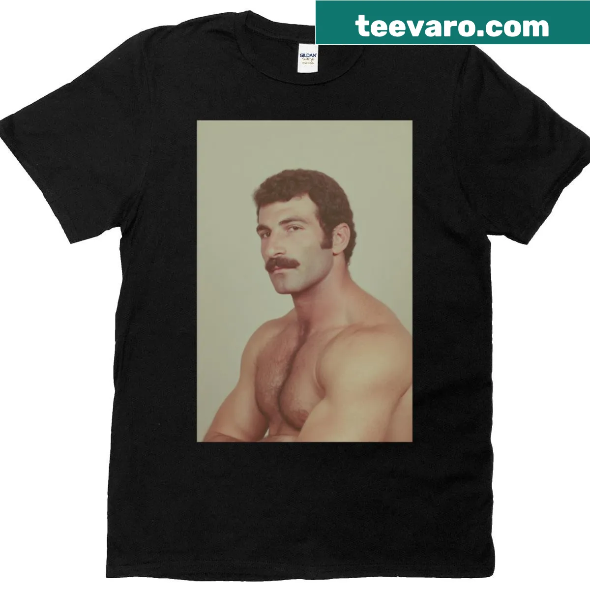 Vintage-style T-shirt featuring a retro male portrait with a mustache — on a men's t-shirt