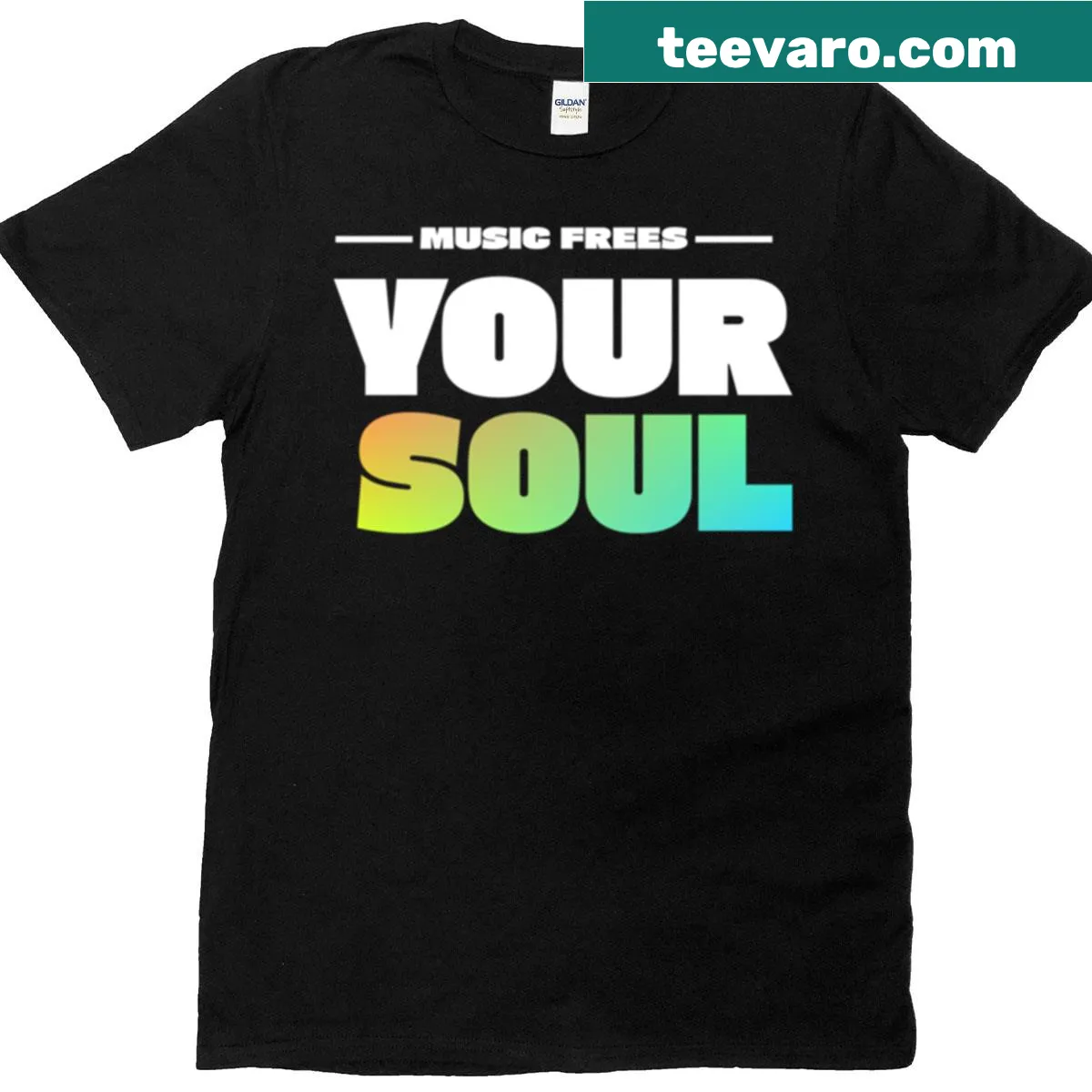 Inspirational typography shirt stating 'Music Frees Your Soul' — on a men's t-shirt