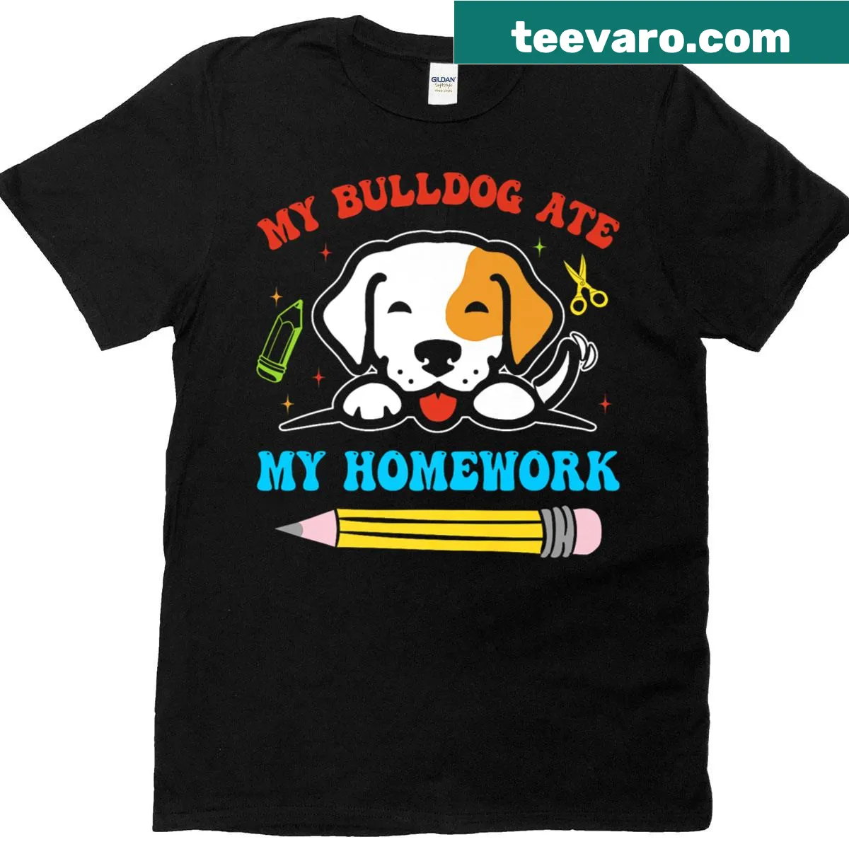 Funny t-shirt with the phrase 'My Bulldog Ate My Homework' — on a men's t-shirt