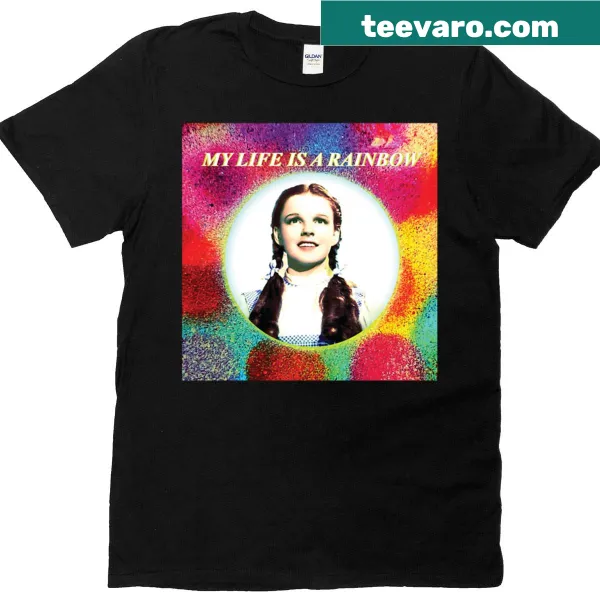 Hand-lettered t-shirt with the phrase 'My Life Is A Rainbow'