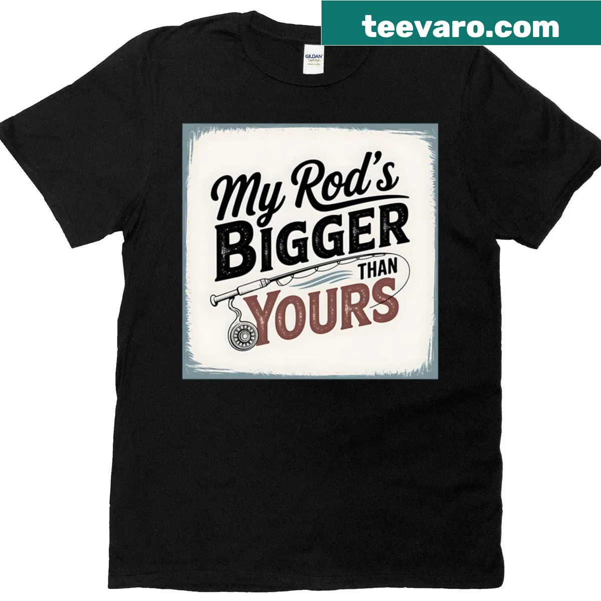 Funny fishing t-shirt with bold text about rods — on a men's t-shirt