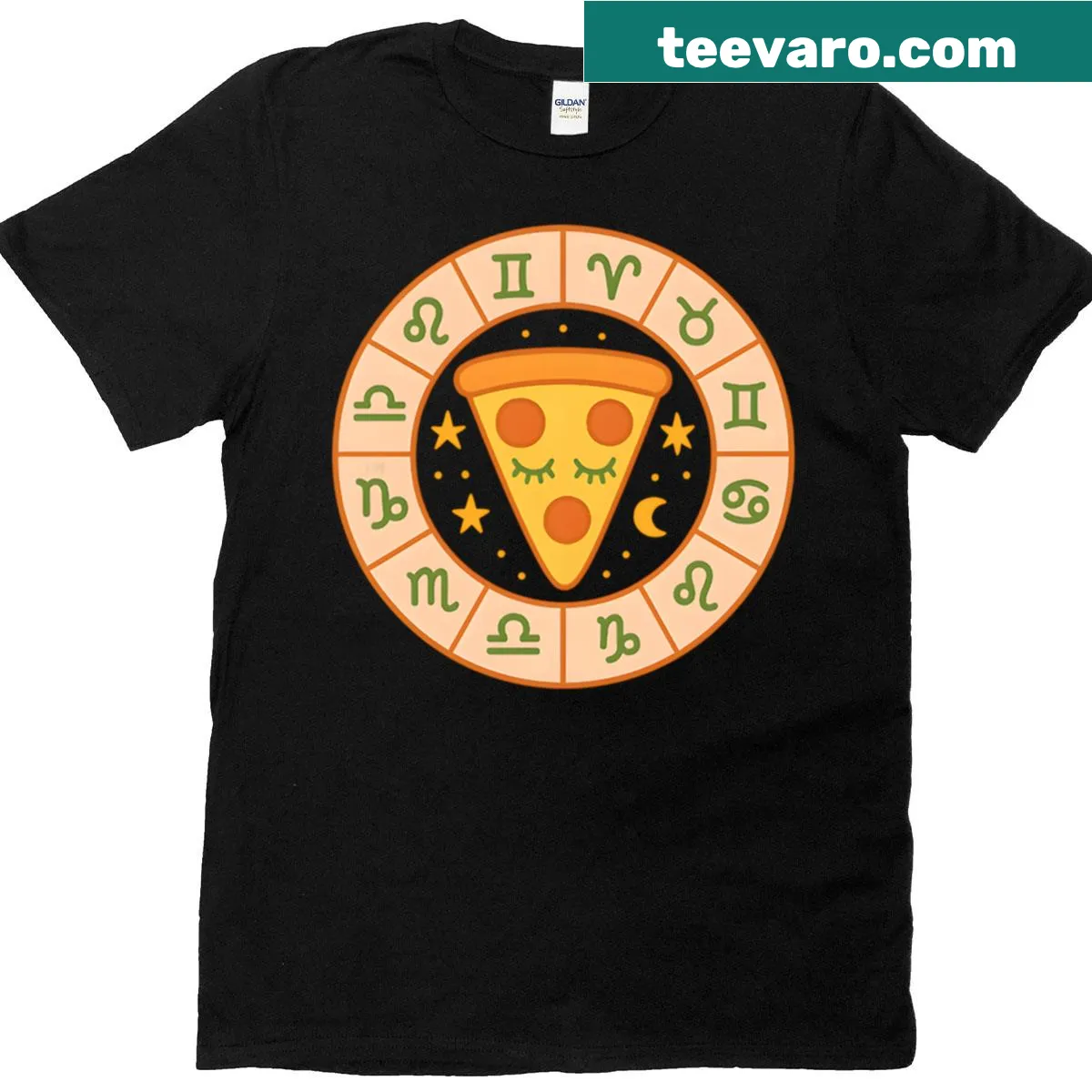 Illustrated T-shirt featuring a tired astrological sign with rising pizza — on a men's t-shirt