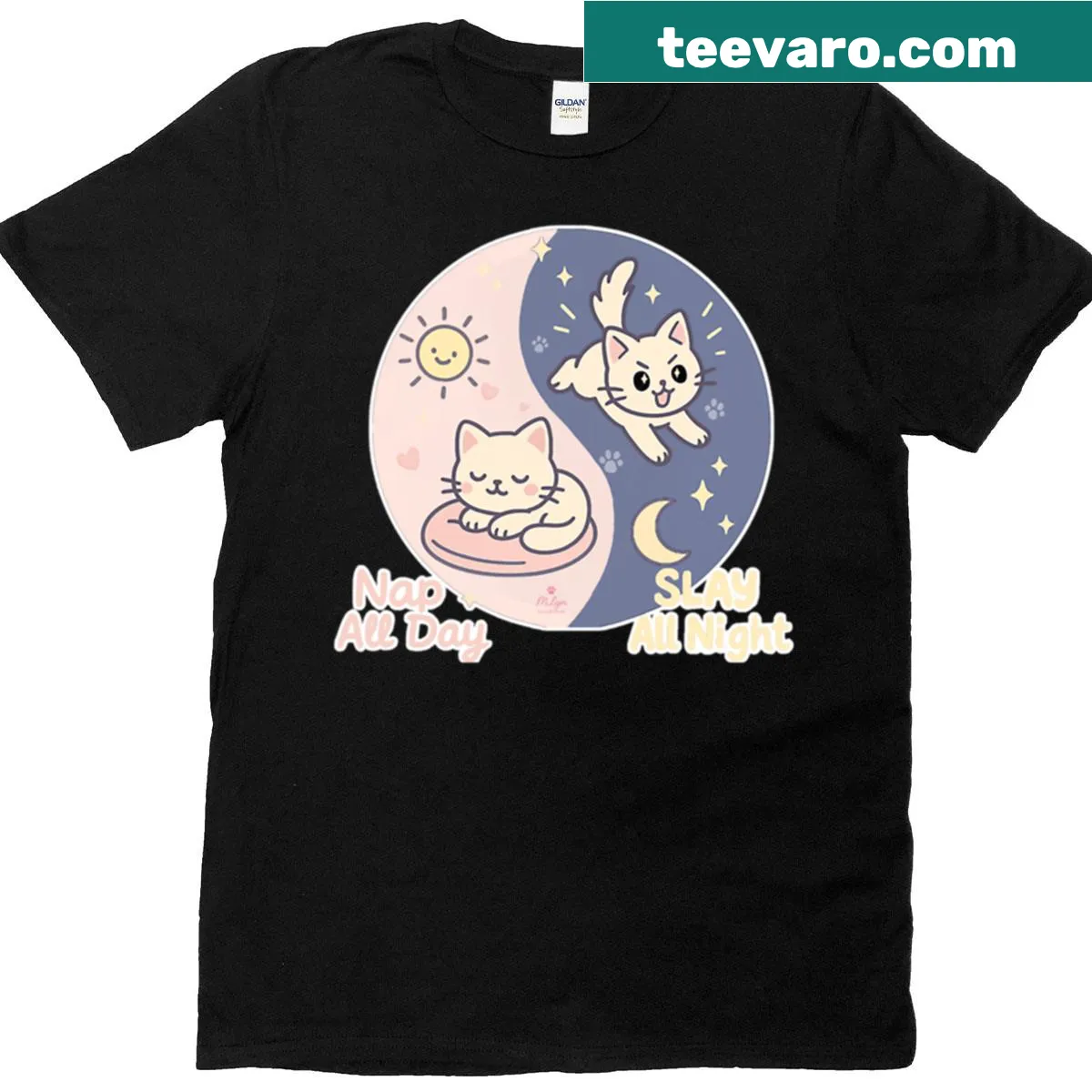 Playful typography T-shirt highlighting the dichotomy of cats' behavior — on a men's t-shirt