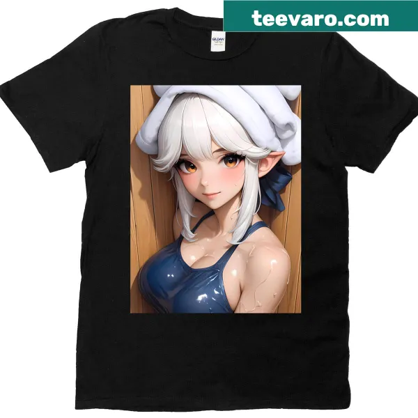Illustration of Ningguang in a sauna setting on a T-shirt.