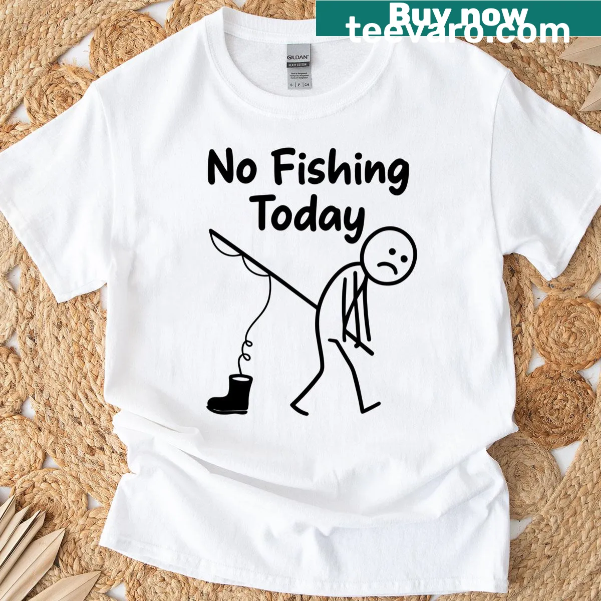 Funny T-shirt featuring a sad stick man and pun about fishing — on a men's t-shirt