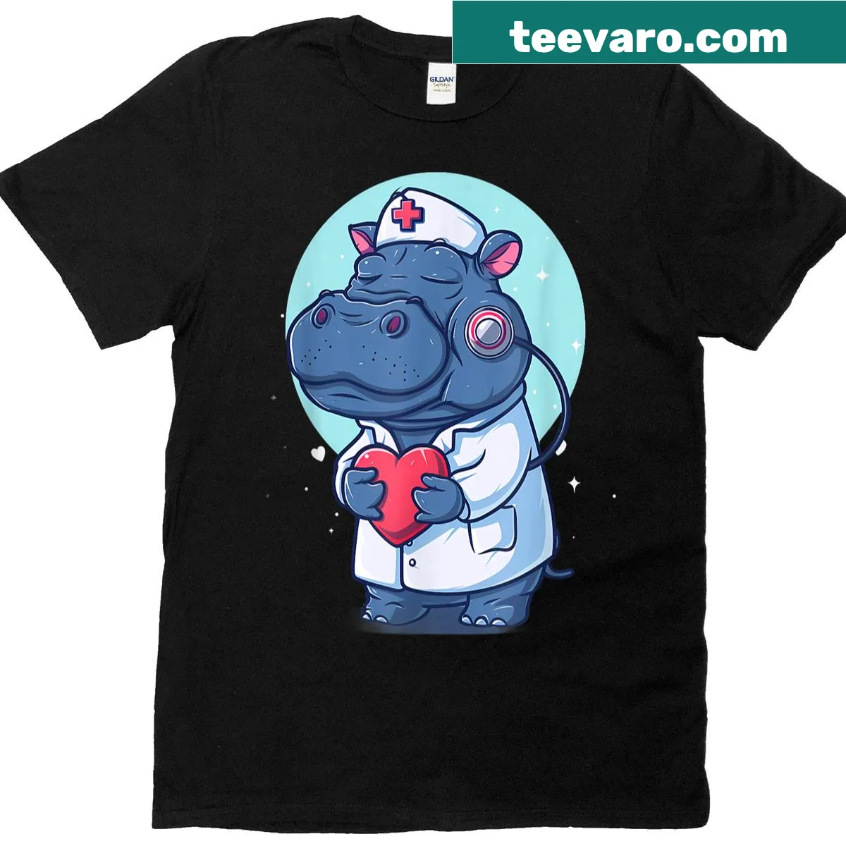 Cute hippo illustration with stethoscope on a nurse t-shirt — on a men's t-shirt