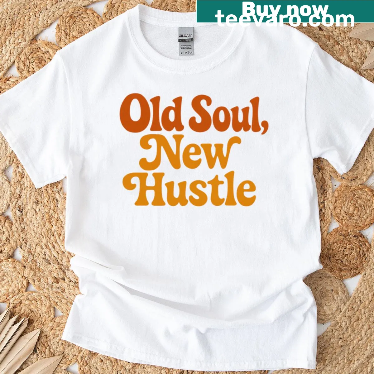 Retro typography stating 'Old Soul New Hustle' on a motivational t-shirt. — on a men's t-shirt