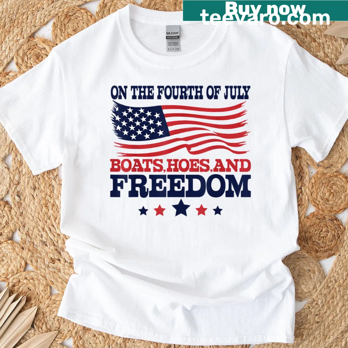 Men's July 4th t-shirt with USA flag and playful text — on a men's t-shirt