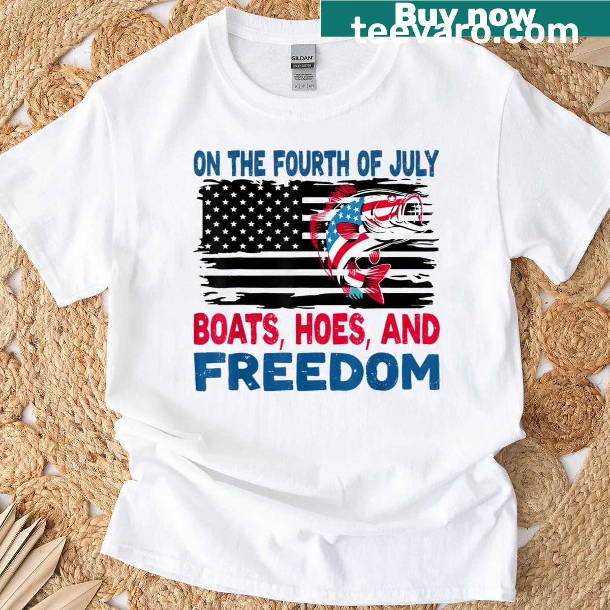 Playful Fourth of July shirt with 'Boats Hoes Freedom Bruh' text — on a men's t-shirt