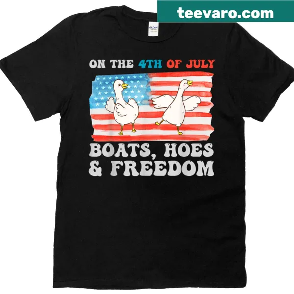 Patriotic Fourth of July T-shirt with 'Boats Hoes Freedom' text