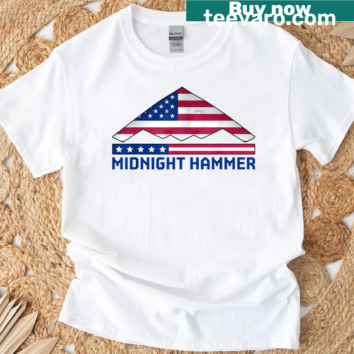 Cartoon design of Midnight Hammer B-2 Stealth Jet on a t-shirt. — on a men's t-shirt