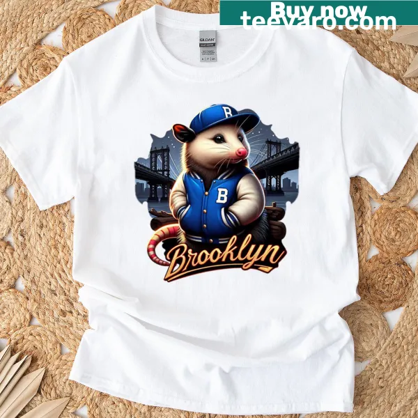 Playful opossum graphic on a T-shirt, themed around Brooklyn NYC