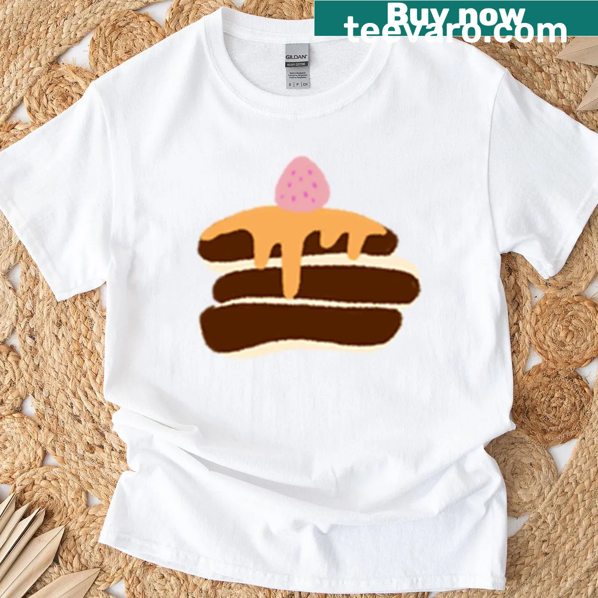Playful cartoon T-shirt featuring pancakes design — on a men's t-shirt