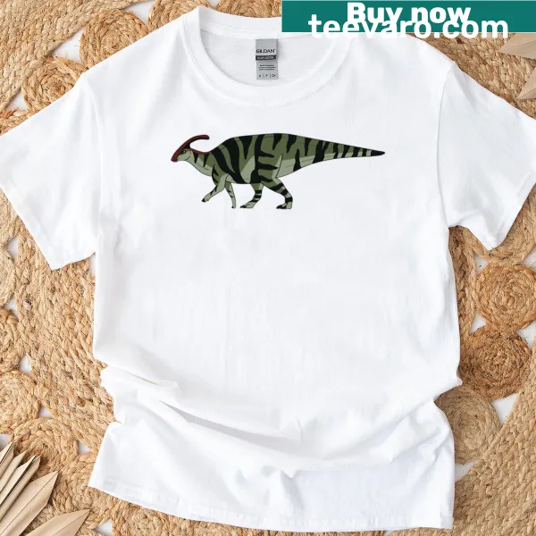 Illustration of a female Parasaurolophus on an oversized T-shirt