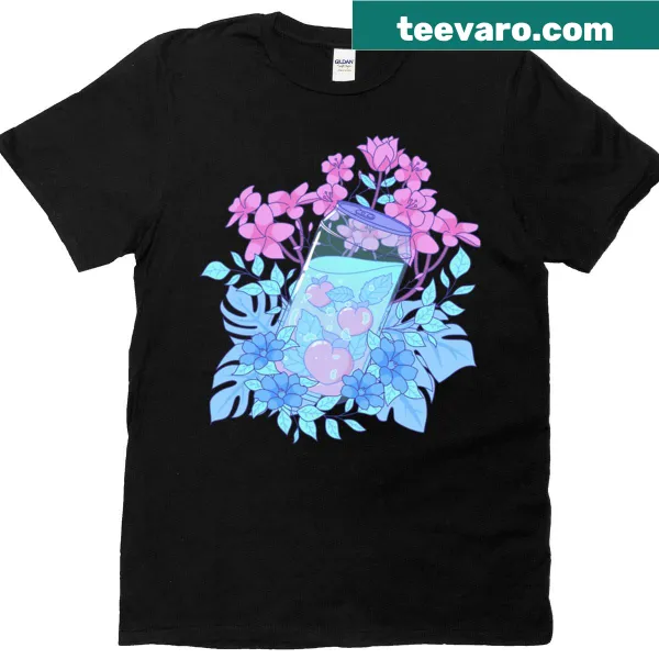 T-shirt featuring a playful pastel fruit soda can illustration.