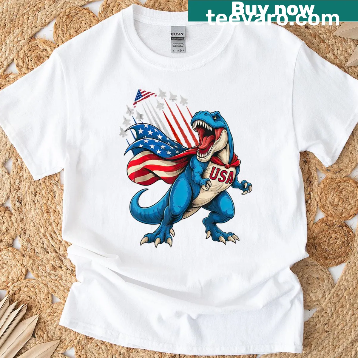 Cartoon T-Rex in a fighter jet with USA flag design — on a men's t-shirt