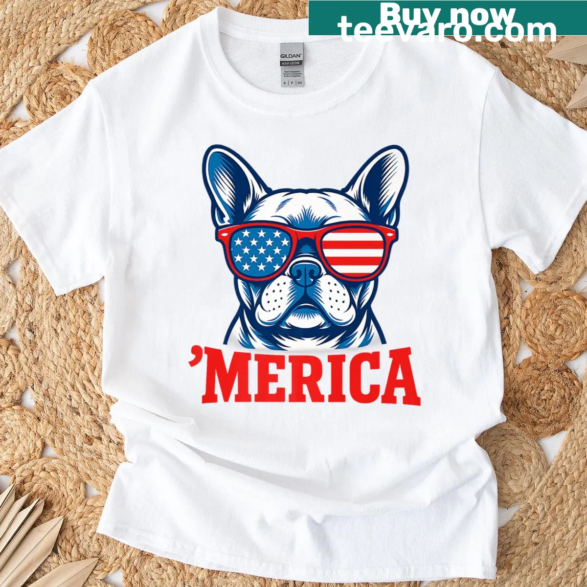 Patriotic T-shirt with French Bulldog and USA flag design — on a men's t-shirt