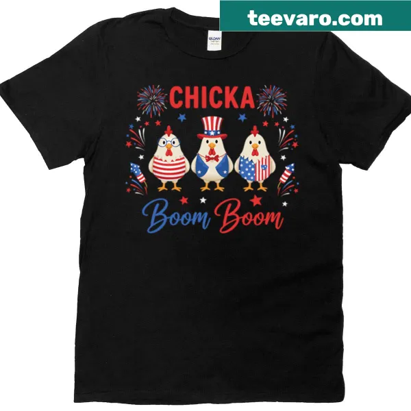Cartoon chickens with the US flag on a humorous t-shirt.