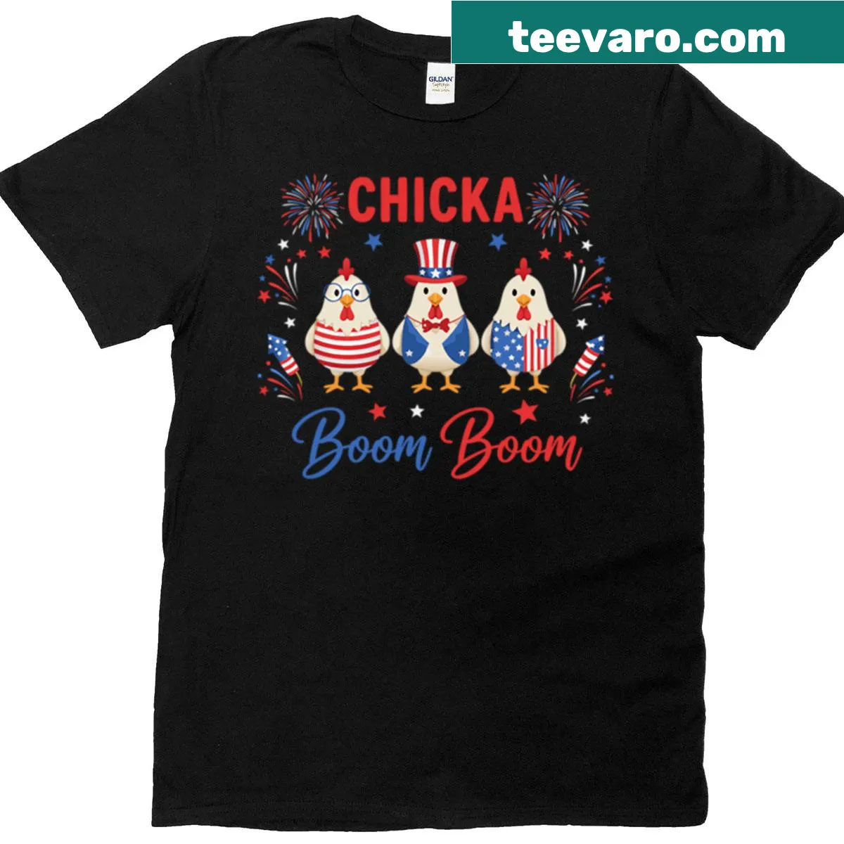 Cartoon chickens with the US flag on a humorous t-shirt. — on a men's t-shirt