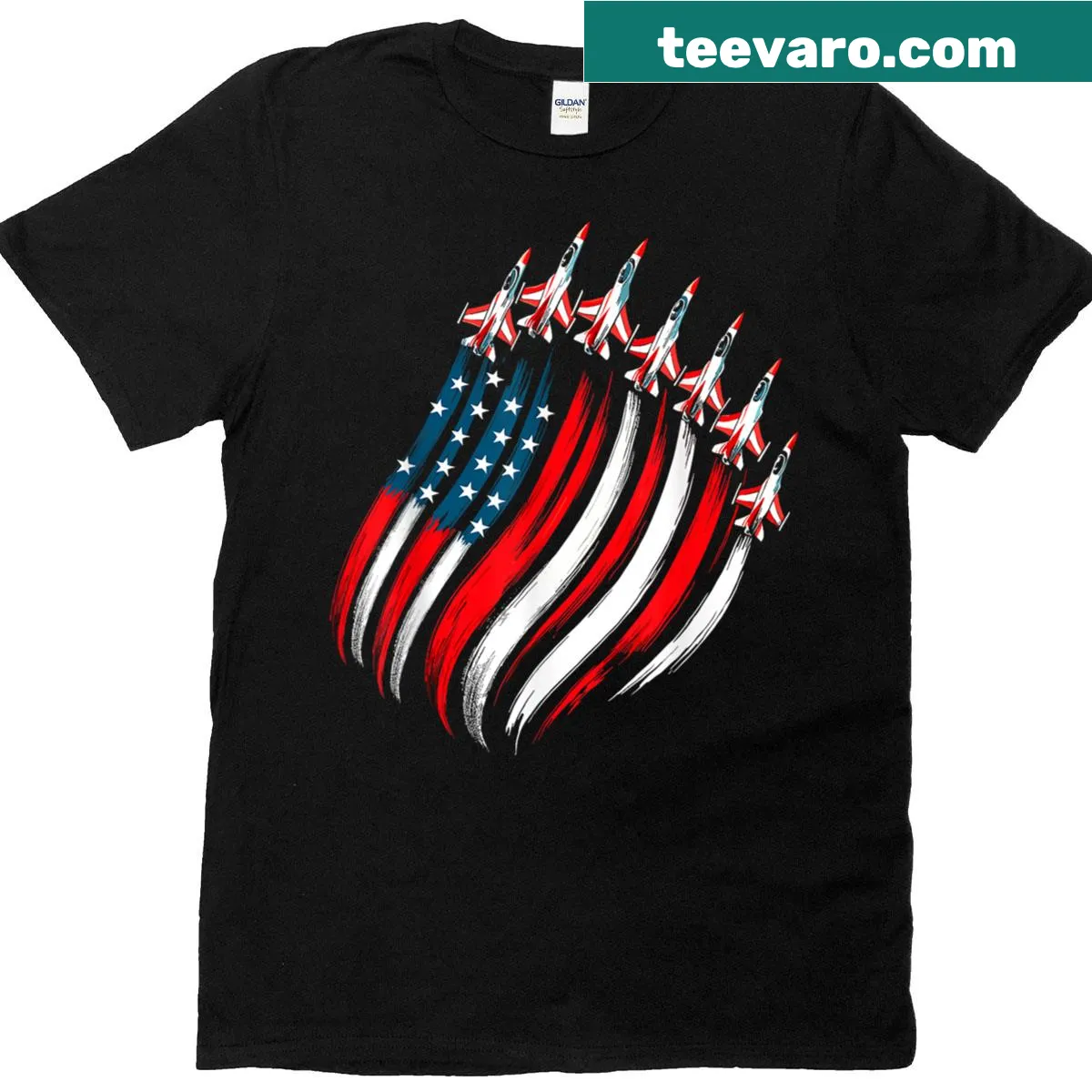 T-shirt showcasing fighter jets and the US flag for patriotic occasions. — on a men's t-shirt