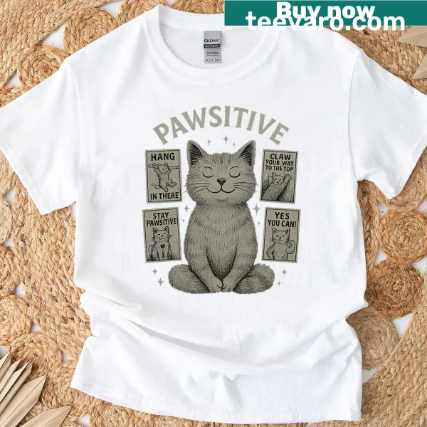 Motivational cat graphic surrounded by humorous posters