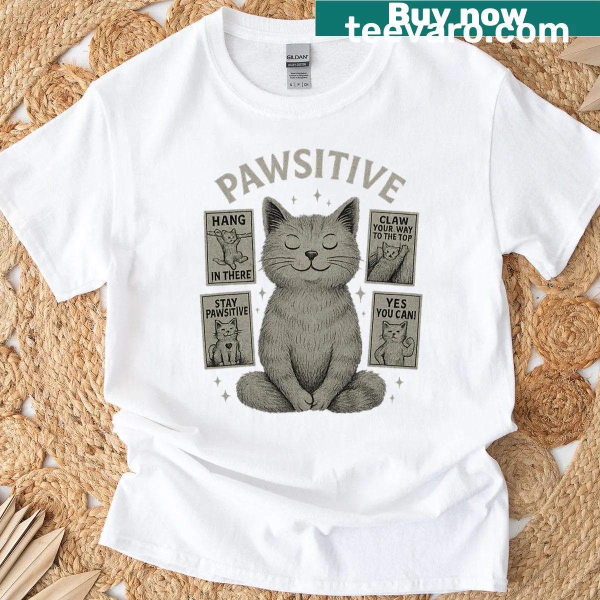 Motivational cat graphic surrounded by humorous posters — on a men's t-shirt