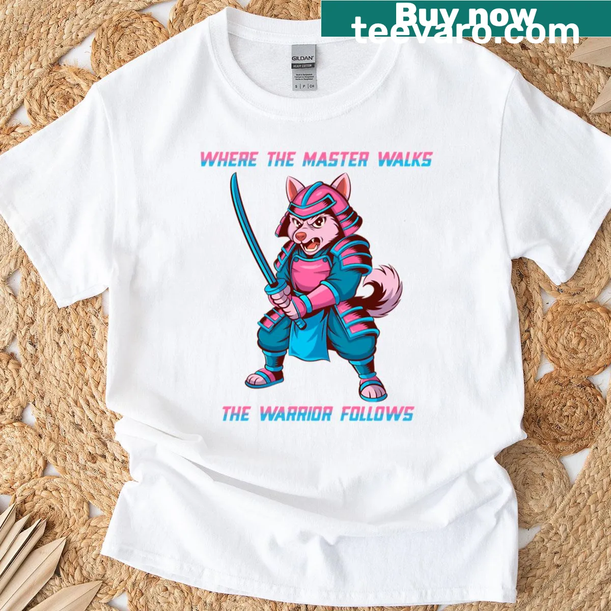 Illustrated samurai dog design on a playful t-shirt — on a men's t-shirt