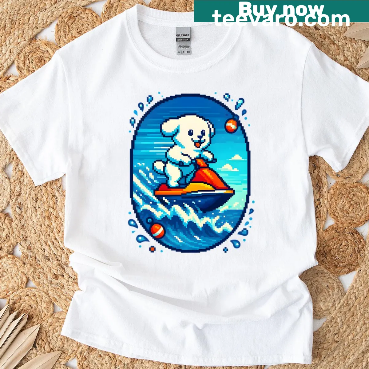 Cartoon Bichon on a jet ski in retro style — on a men's t-shirt